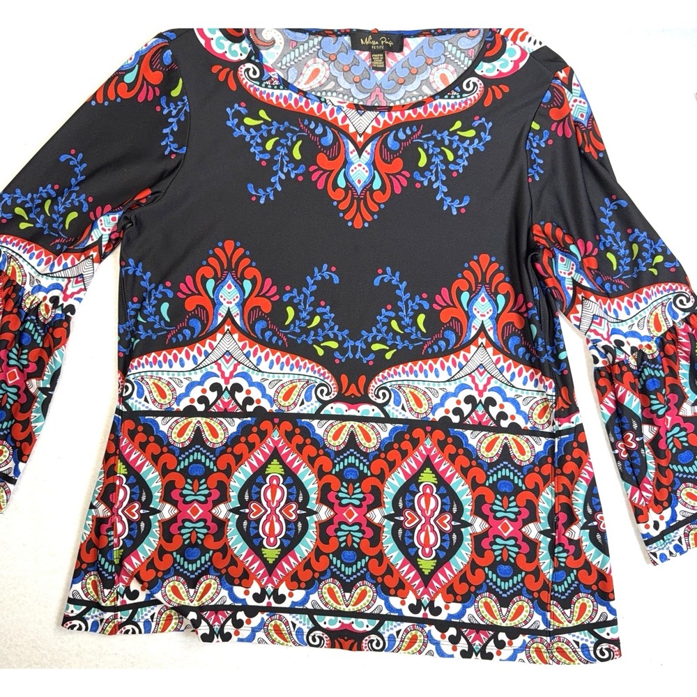 Melissa Paige Womens Paisley Stretch Blouse Top 3/4 Bell Sleeve Size Petite M